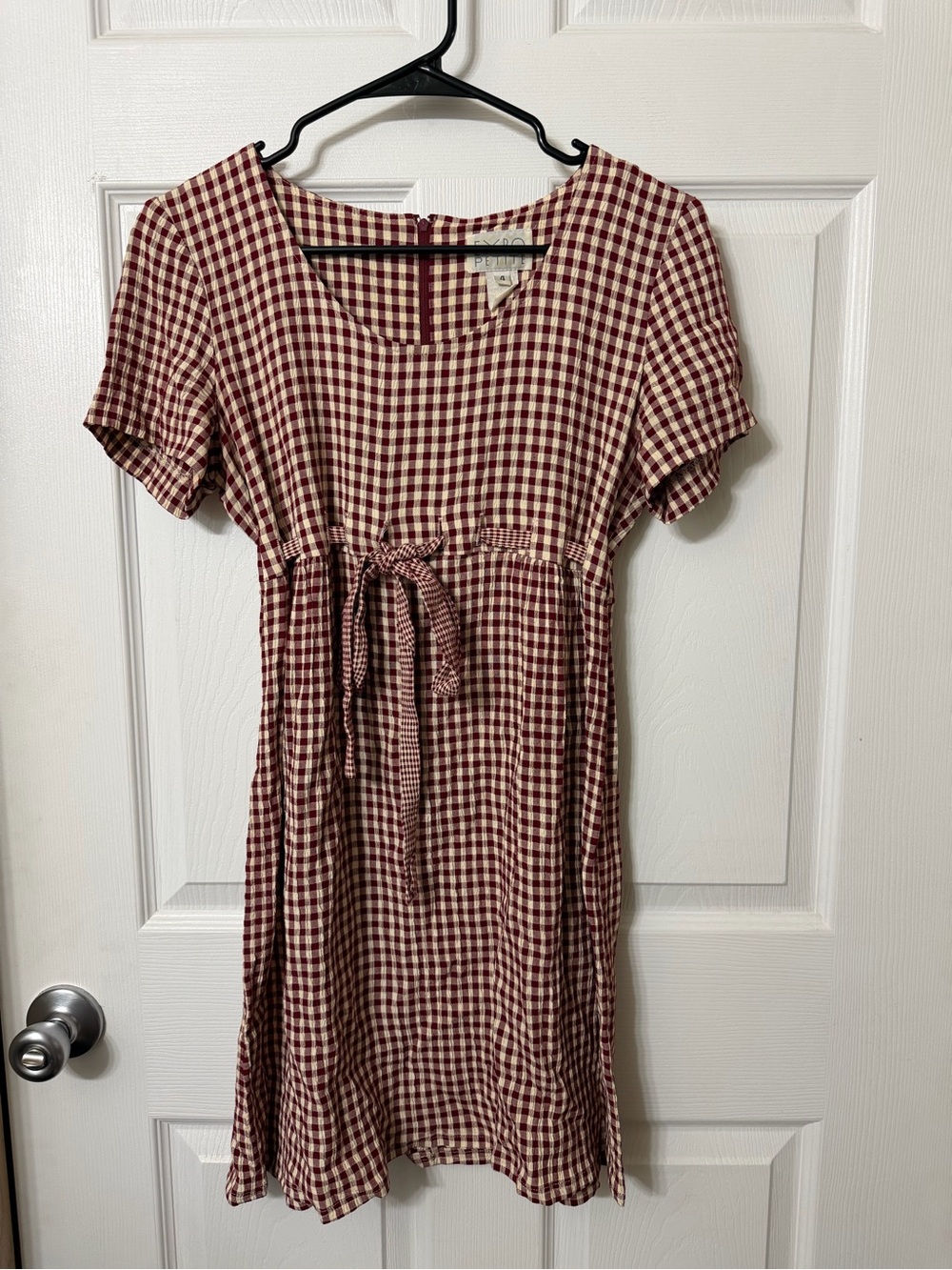 Gingham Tie-Waist Midi Dress in Burgundy and Cream